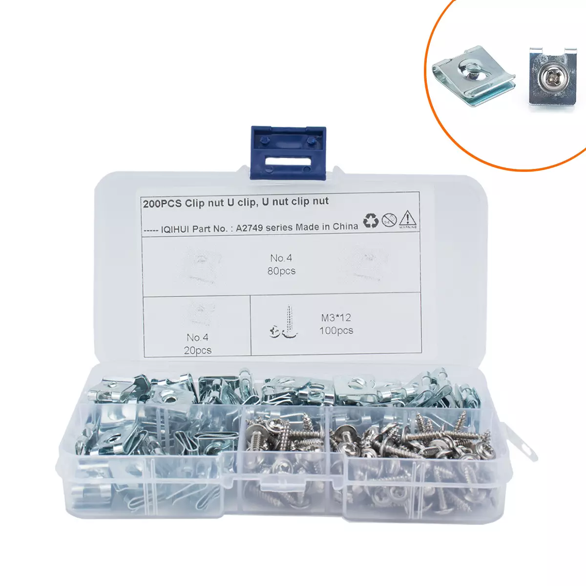 200 pack-white U-shaped scabies NO.4 manganese steel nut M3*12 stainless steel self-attack screw